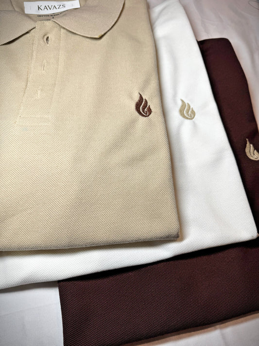 Beige polo shirt with a logo on a white background